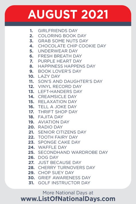 A printable list of National Days in August 2021. August National Days, National Days Calendar 2023, 2023 National Days, National Days In August, List Of National Days, National Celebration Days, Monthly Holidays, Obscure Holidays, National Holiday Calendar