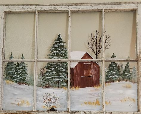 Painted Window Panes Exterior, Window Pane Painting Ideas, Painting Ideas On Windows, Old Painted Windows, Painting Old Windows, Old Window Painting Ideas, Painting On Old Windows, Vintage Window Ideas, Vintage Window Painting