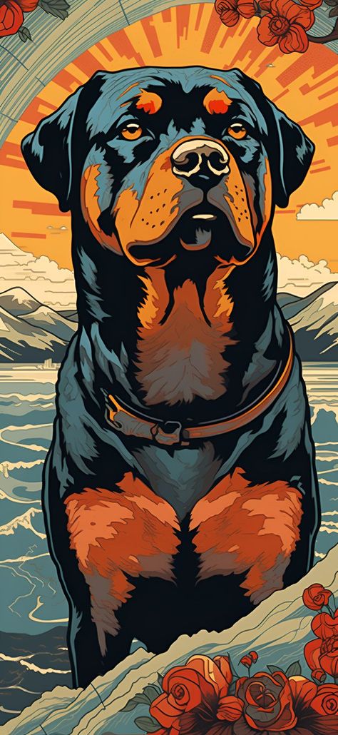 A Ukiyo-E style depiction of a Rottweiler posing majestically with mountains and a valley in the background, ideal as an aesthetic phone wallpaper. Animals Aesthetic Wallpaper, Rottweiler Pictures, Rottweiler Tattoo, Rottweiler Art, Animal Art Illustration, Bald Eagle Art, Canvas Art Painting Abstract, Animals Aesthetic, Unique Wallpapers