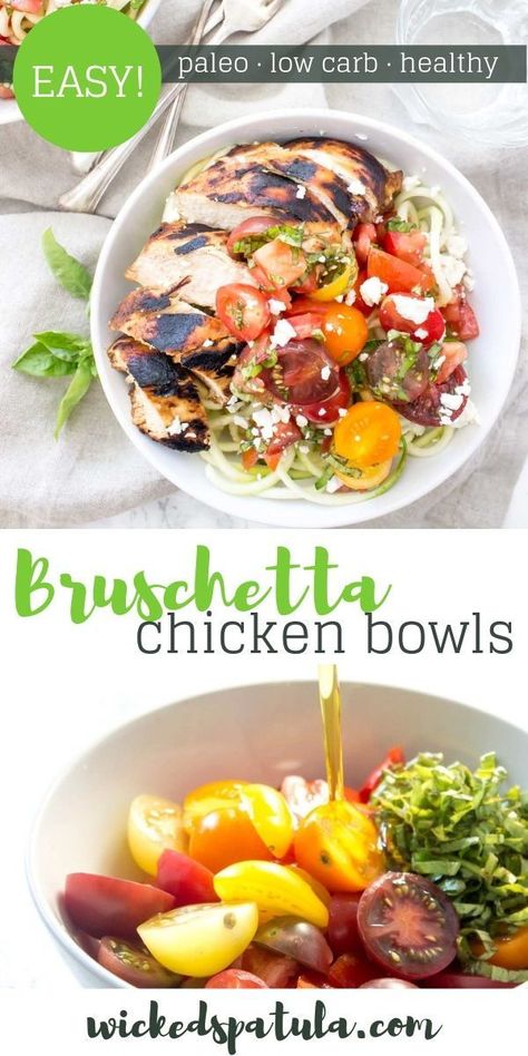 Bruschetta Chicken Bowls - These Bruschetta Chicken Bowls will be ready in just minutes and they're totally delicious! #wickedspatula #bruschetta #chicken #paleo #bowl Summer Dinner Easy, Paleo Bowl, Balsamic Bruschetta, Easy Paleo Chicken, Paleo Beef Recipes, Paleo Turkey Recipes, Easy Paleo Dinner Recipes, Chicken Bruschetta Recipe, Easy Bruschetta