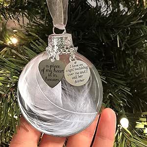 Clear Christmas Memorial Hanging Ornament Feather Ball, A Piece of My Heart is in Heaven, Sympathy Gift for Loss of Sister Christmas Tree Hanging Pendant 2.4 inch/60 mm for Loved One Angel In Heaven, Hanging Pendant, My Heart, Angel, Pendant, Glass, Christmas