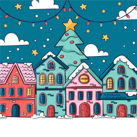 Christmas Town Drawing Easy, Christmas City Drawing, Gingerbread Village Drawing, Christmas City Decorations, Christmas Village Doodle, Christmas City Illustration, Christmas Village Drawing, Christmas Town Illustration, Simple Christmas Paintings