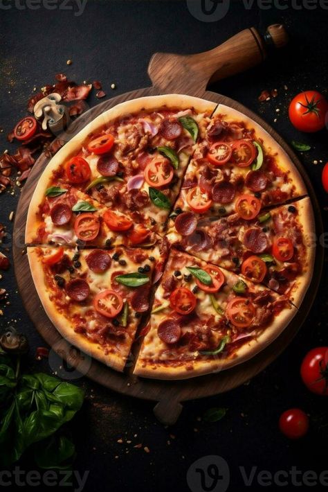 food food italian copy cheese space background tomato pepper black meal fast pizza. Generative AI. Pizza Black Background, Fast Food Background, Pizza Background, Fast Pizza, Pizza Aesthetic, Supreme Pizza, Space Food, Food Italian, Space Background