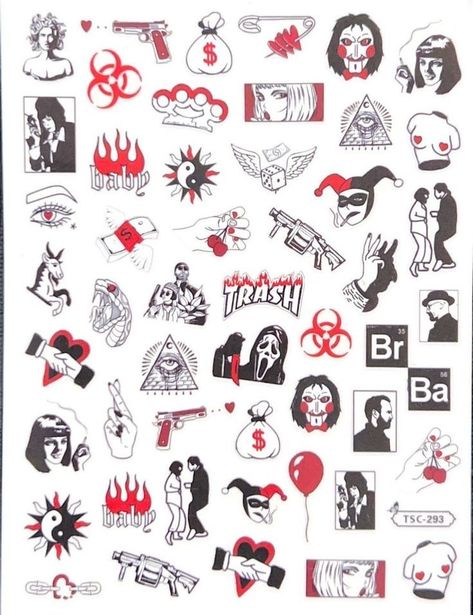 Sticker Sheet Tattoo, Add Tattoo Ideas, Red And Black Drawings Easy, Baddie Flash Tattoos, Stickers Tattoo Ideas, Easy Patchwork Tattoos, Tattoo Ideas Red And Black, Red Flash Tattoo, Black Red Tattoo Design