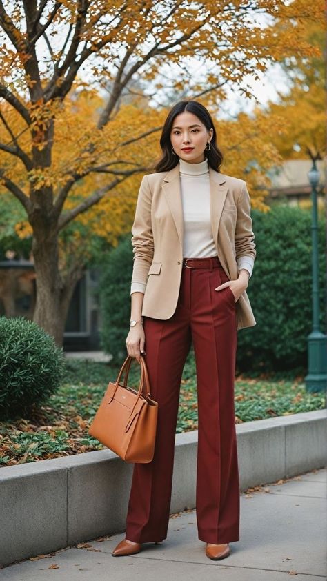 Fall And Winter Office Outfits, Turtleneck Work Outfit Women, Fall Workwear 2024, Smart Casual Work Outfit Women Office Wear, Outfit Pantalon Vino, Pants Outfit Work, Dress Pants Outfits, Look Office, Burgundy Outfit