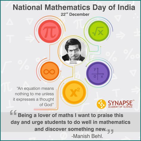 Celebrating the birthday of Srinivasa Ramanujan and #National #Mathematics #Day  Srinivasa Ramanujan (22 December 1887 – 26 April 1920) was an Indian mathematician, who made extraordinary contributions to mathematical analysis, number theory, infinite series, and continued fractions.  #Ramanujan independently compiled nearly 3900 results (mostly identities and equations). His work continues to inspire mathematicians even today! Every year Ramanujan's birthday is celebrated as National Mathematic Ramanujan Mathematics Poster, Ramanujan Mathematics Birthday, Srinivas Ramanujan, Ramanujan Mathematics, Mathematics Quotes, National Mathematics Day, Mathematics Day, Srinivasa Ramanujan, Math Photos