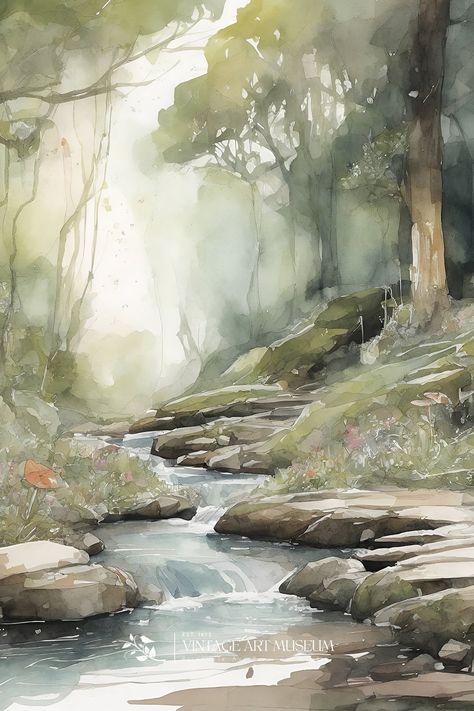 Immerse yourself in the beauty of an enchanted forest glade with this watercolor landscape art. 🌳🖼️ #ForestArt #NatureInspired #HomeDecor Watercolour Magical Forest, Fairy Forest Watercolor, Watercolor Painting Forest, Woodland Watercolor Painting, Landscape Ideas Painting Watercolor, Watercolor Landscape Paintings Nature Beautiful, Watercolor Art Scenery, Watercolor Nature Paintings, Watercolor Art Tree