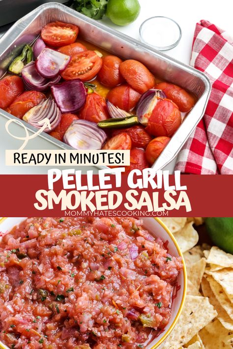 Make this easy smoked salsa right on your smoker or your pellet grill, it's a wonderful side dish paired with smoked meats! Smoker Salsa Recipe, Sides On Smoker, Smoker Salsa, Smoked Salsa Traeger, Quick And Easy Smoker Recipes, Meals On The Smoker, Yoder Smoker Recipes, Easy Pellet Grill Recipes, Pellet Smoker Side Dishes