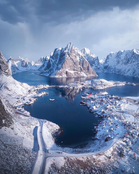 Cuma Cevik’s Instagram profile post: “An aerial panorama of Reine from 2018. Lofoten Islands, Norway 🇳🇴 Tag a friend in the comment, whom you want to go on a winter trip to…” Norway Landscape, Norway Winter, Scandinavian Countries, Beautiful Villages, Winter Travel, Beautiful Places To Visit, Winter Landscape, Images Gif, Vacation Spots