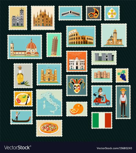 Stamps Illustration, Italy Scrapbooking, Italy Illustration, Cartoon Map, Cruise Scrapbook, Travel Journal Scrapbook, Travel Stamp, Scrapbook Book, Italy Map