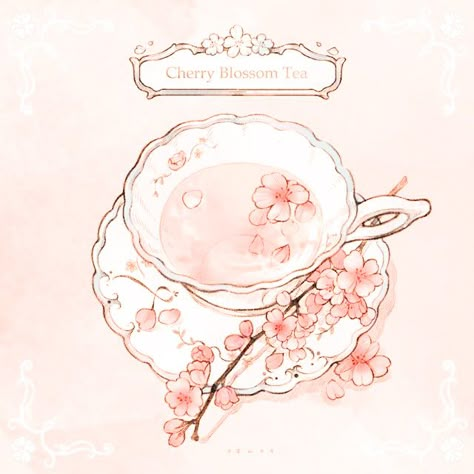 Sakura Tea, Cherry Blossom Tea, 귀여운 음식 그림, Arte 8 Bits, Food Illustration Art, Cute Food Drawings, Cute Food Art, 카드 디자인, 수채화 그림