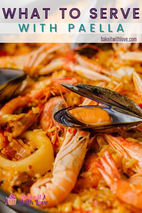 For what to serve with paella, check out this list of the best side dishes to compliment this flavor-packed Spanish dish! Whether you choose chicken, seafood, rabbit, or a combination of meats, these recipes will pair with your paella no matter the protein! BakeItWithLove.com #bakeitwithlove #paella #sides #best #dinner #menu Spanish Side Dishes, Roasted Mashed Potatoes, Spanish Paella Recipe, Tomato Side Dishes, Short Grain Rice, Easy Paella, Paella Recipe Seafood, Spanish Paella, Seafood Paella