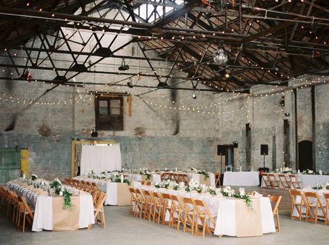 Read More: https://www.stylemepretty.com/2016/06/29/eclectic-warehouse-wedding-at-basilica-hudson/ Loft Wedding Reception, Industrial Loft Wedding, Industrial Wedding Reception, Industrial Wedding Inspiration, Industrial Wedding Decor, Industrial Chic Wedding, Mismatched Chairs, Loft Wedding, Warehouse Wedding