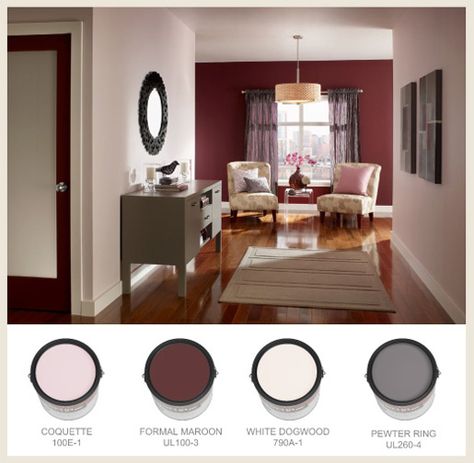 Contemp-Hallway-Cans-Border Dark Red Accent Wall, Behr Black Garnet Paint, Behr Burgundy Paint Colors, Behr Paint Colors Black Garnet, Red Accent Wall Living Room, Behr Dark Crimson, Morroco Red Behr Paint, Short Hallway, Basement Den