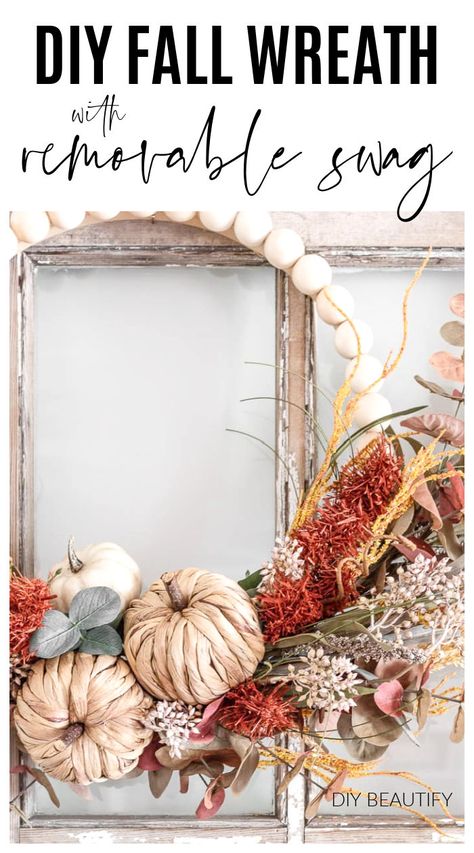 Interchangeable Wood Bead Wreath, Fall Wreath Making Tutorials, One Wreath For All Seasons Diy, Fall Wreath With Wooden Beads, Fall Wood Bead Wreath Diy, Diy Boho Fall Wreath, Interchangeable Wreath Seasons, Wreath Bases Diy, Beaded Fall Wreath