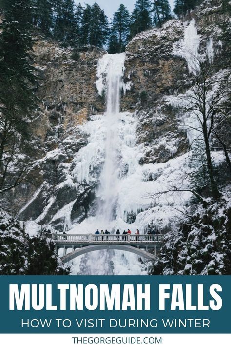 Visiting Oregon's Multnomah Falls in winter is simply unforgettable, when it’s surrounded by snow. Here's what to expect and how to prepare. Oregon winter | Oregon travel | Oregon winter travel | USA travel | Columbia River Gorge | Waterfall | Waterfalls Multnomah Falls Oregon Winter, Portland Oregon Winter, Winter Oregon, Oregon Snow, Multnomah Falls Oregon, Oregon Winter, Columbia River Gorge Oregon, Los Angeles Parks, Visit Oregon