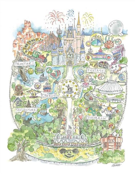 Disney Map, Disney World Map, Park Watercolor, Disneyland Map, Disney Room Decor, Disney Paintings, Disney Rooms, Disney Print, Disney Background