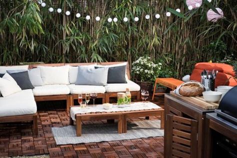 stylish Ikea ÄPPLARÖ patio furniture with modern pillows and upholstery Ikea Patio Furniture, Ikea Applaro, Ikea Patio, Ikea Outdoor Furniture, Wooden Patio Furniture, Ikea Outdoor, Ikea Living Room, Modern Patio Furniture, Floor Lamps Living Room