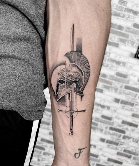 Minimalistic Forearm Tattoo Men, Uncommon Tattoos Ideas, Geometric Spartan Tattoo, Roman Armor Tattoo, Greek Underworld Tattoo, Aires Tattoo Men, Sheild Tattoos Design, Salvatore Tattoo, Spartan Tattoo Forearm