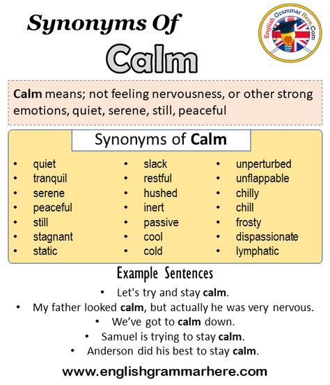 Synonyms Of Calm, Calm Synonyms Words List, Meaning and Example Sentences Synonyms words are that have different spelling but have the same meanings. As in any language, there are synonyms in English. A word can have more than one synonym. If a person who has just started learning English memorizes every word he / she learned with their synonyms, their vocabulary increases. We have more vocabulary about the language we learn, and our competence in that language increases.  Learning in this way Calm Synonyms, Calm Meaning, Synonyms Words, Education Notes, Phobia Words, Words To Describe People, Mail Writing, Words List, English Grammar Rules