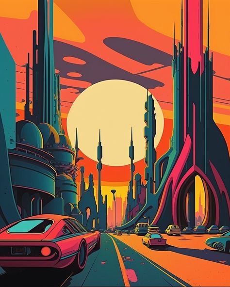 Artist ~ Micell A. Italian Futurism Art, Sci Fi Painting, Walls Drawing, Science Fantasy Art, Atomic Age Art, Doodle For Google, Space Age Art, City Scape Painting, Scape Painting