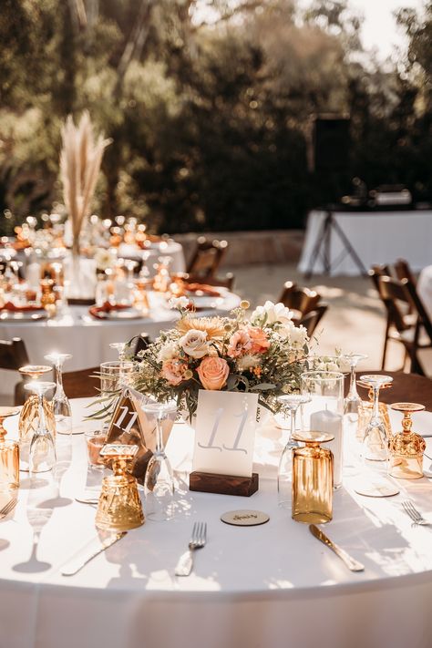 Amber Glass Wedding, Amber Goblets, Round Table Settings, Wedding Goblets, Rachel Roberts, Gold Flatware, Wedding Place Settings, Wedding Cups, Venue Decor