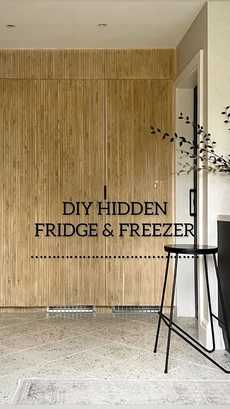 Fridge In Armoire, Ikea Integrated Fridge, Diy Fridge Paneling, Floor To Ceiling Cabinets Around Fridge, Diy Hidden Refrigerator, Diy Hidden Fridge Cabinet, Diy Built In Fridge Cabinet, Diy Integrated Fridge, Ikea Fridge Hack