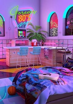 Retro Room Ideas, Aesthetic Nostalgia, 80s Bedroom Aesthetic, 80s Room, Retro Bedrooms, Neon Room, Retro Room, Deco Originale, Indie Room