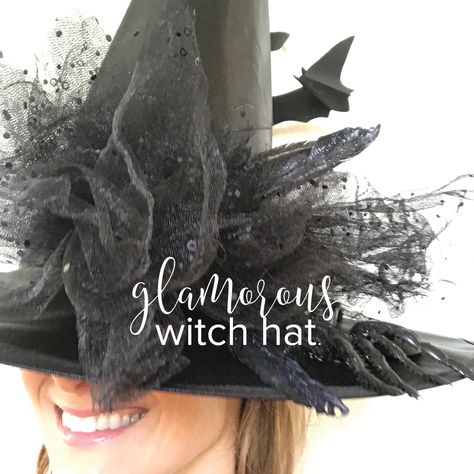 Diy Fancy Witch Hat, Tulle Witches Hat, Decorate Witches Hat Diy, Decorating A Witches Hat, Witch Costume Accessories Diy, Creative Witch Hat, How To Decorate A Witches Hat To Wear, Diy Witches Hat To Wear, Witches Hats Diy