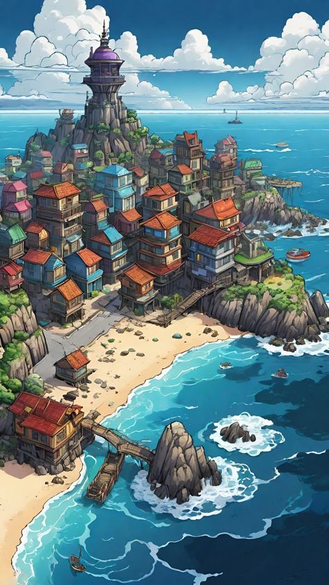 Ocean Town Fantasy Art, Fantasy Coastal Village, Fantasy Place, Imaginary Landscapes, Village Drawing, Island Wallpaper, Apocalypse World, Beautiful Landscape Photography, Fantasy Island