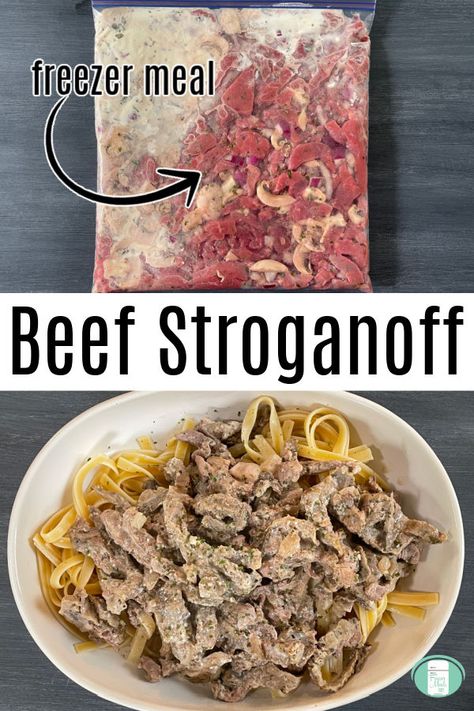 Beef Stroganoff Crockpot Freezer Meal, Stew Meat Freezer Meals, Freezer Beef Stroganoff, Beef Stroganoff Stew Meat, Freezable Meal Prep, Beef Freezer Meals, Best Freezer Meals, Beef Stroganoff Crockpot, Freezer Dinners