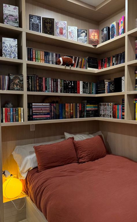 Bookshelves With Bed, Readers Room Bedrooms, Library Aesthetic White, Reader Room Aesthetic, Hailey Pham, Readers Room, Library Bedroom Ideas, Book Corner Ideas Bedroom, Home Library Aesthetic