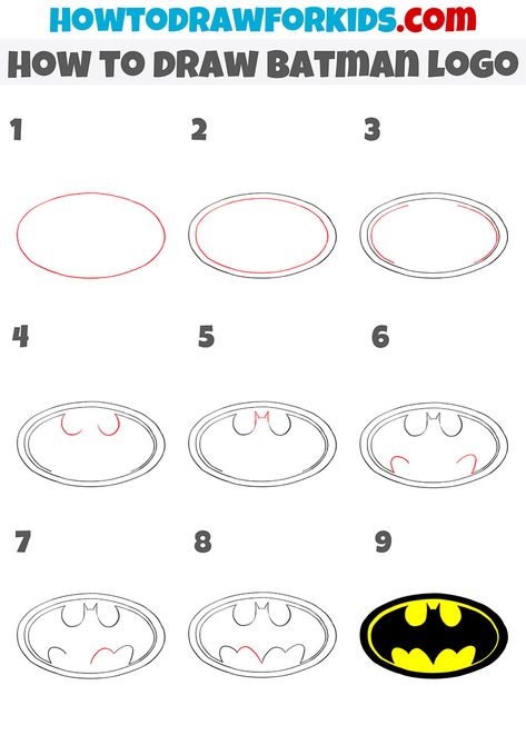 How to Draw Batman Logo - Easy Drawing Tutorial For Kids Batman Drawing Tutorial, Cartoon Batman Drawing Easy, Batman Drawing Step By Step, How To Draw Batman Logo, Batman Easy Painting, Batman Doodle Easy, How To Draw Batman Step By Step, Easy Superhero Drawings, Super Hero Drawings Easy