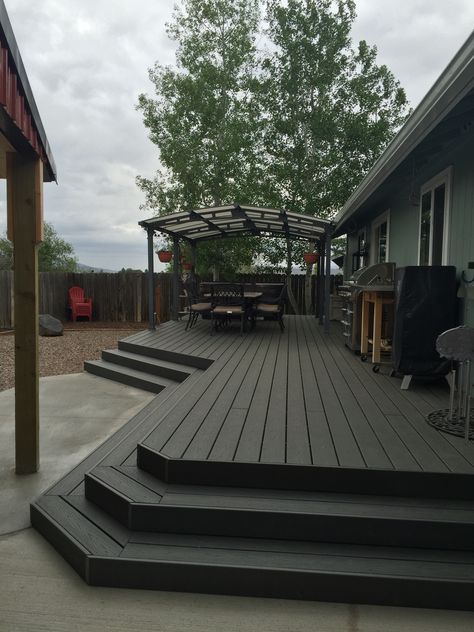 Trex Enhance Clamshell Deck Trex Deck Covered Patio, Simple Trex Deck Ideas, Long Decks Ideas, Deck Trex Colors, Black Pool Deck, Treks Deck, Deck With Ramp And Stairs, Trek Deck Ideas, Trex Deck Ideas Color Schemes