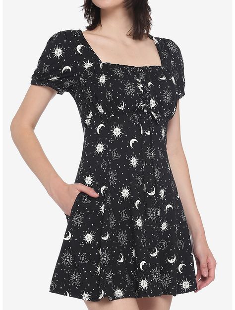 Black Celestial Empire Dress Celestial Dress Short, Psychobilly Fashion, Celestial Dress, Celestial Print, Hot Topic Dresses, Soft Dress, Empire Waistline, Psychobilly, Empire Dress