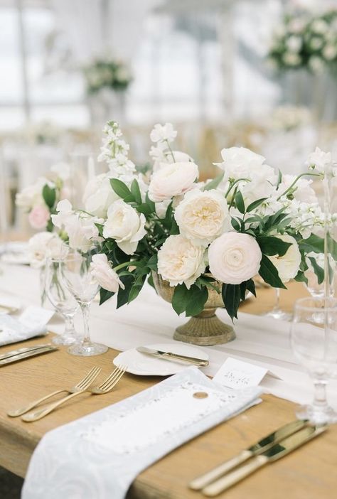 Gold Compote Centerpiece With White Flowers, Pedestal Bowl Centerpiece Wedding, White Flower Table Arrangements Wedding, White Floral Compote Centerpiece, Small White Floral Centerpieces Wedding, Summer Garden Wedding Florals, Floral Wedding Centerpieces Low, White Flower Center Piece Wedding, Wedding Table Dressing