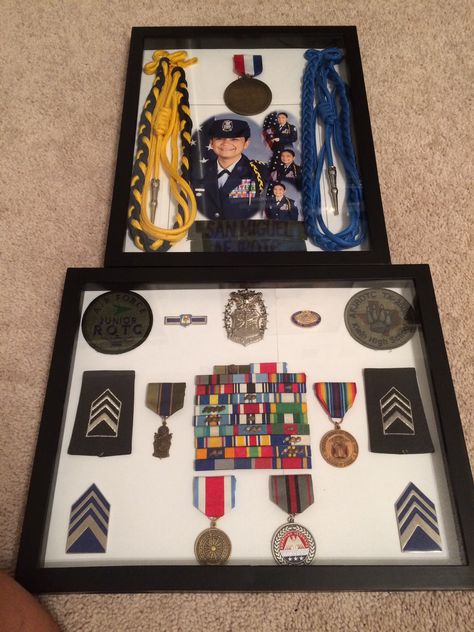 Shadow box of ROTC awards. I added the white card stock background. Jrotc Shadow Box Ideas, Rotc Graduation Pictures, Military Boy, Shadow Box Graduation, Framing Ideas, Stock Background, Grad Caps, Military Branches, Cheese Boards