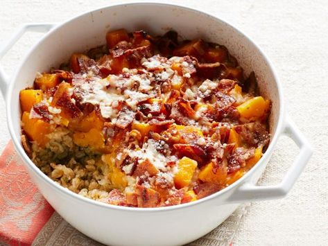 Get Baked Farro and Butternut Squash Recipe from Food Network Farro And Butternut Squash, Baked Farro, Farro Recipes, Butternut Squash Recipe, Ina Garten Recipes, Bacon Recipe, Food Network Canada, Squash Recipe, Butternut Squash Recipes