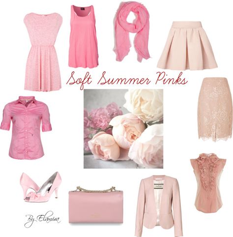 "Soft Summer pinks" by sabira-amira ❤ liked on Polyvore Cool Tone Summer Outfits, Soft Summer Fashion, Summer Skin Tone, Cool Summer Palette, Summer Color Palettes, Soft Summer Palette, Soft Summer Color Palette, Soft Summer Colors, Summer Palette