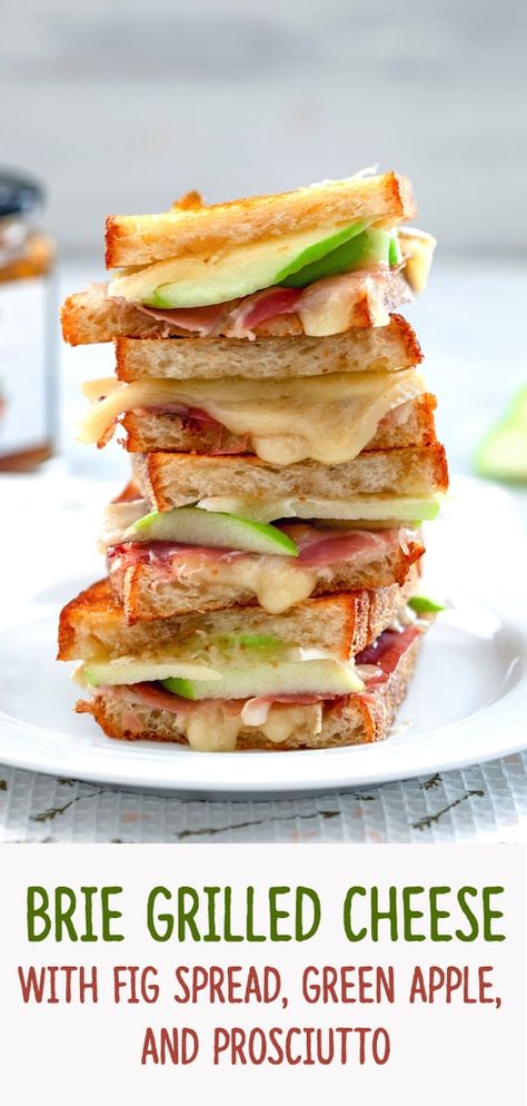 Brie Grilled Cheese with Fig Spread, Green Apple, and Prosciutto Prosciutto Apple And Brie Sandwich, Special Sandwiches, Brie Grilled Cheese, Brie Sandwich, Recipes Brunch, Lunch Meals, Italian Street Food, Fig Spread, Carnivore Recipes