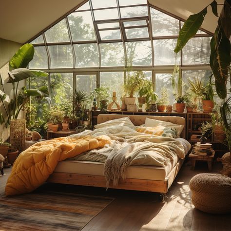 Experience the tranquility of these atmospheric bedrooms, filled with plants and bathed in light amber hues. The open windows invite the outdoors in, creating a misty, multi-layered environment that's perfect for relaxation. #AtmosphericBedrooms #NatureInspired #SolarizingMaster #Cabincore Bedroom Filled With Plants, Bedrooms With Big Windows, Plant Filled Bedroom, Big Window Bedroom, Bedroom With Big Windows, Bedrooms With Plants, Amber Core, Angled Bedroom, Amber Aesthetic