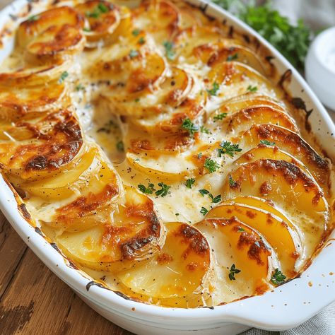 Creamy Potatoes Au Gratin with layers of tender potatoes, onions, cheese, and a flavorful sauce, perfect for any occasion. Potato Lasagna Recipe, Potatoes Au Gratin Recipe, Potato Lasagna, Comforting Food, Au Gratin Potato Recipes, Creamy Potatoes, Au Gratin Recipes, Potatoes Onions, Potatoes Au Gratin