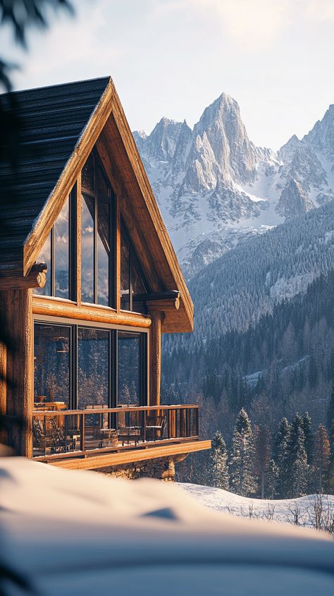 Rustic Cabin with Windows Facing Peaks Winter Lodge Aesthetic, Cabin With Windows, Snowy Cabin Aesthetic, Winter Cabin Interior, Rustic Mountain Cabin, Lodge Aesthetic, Lodge Design, Cabin Aesthetic, Chalet Design