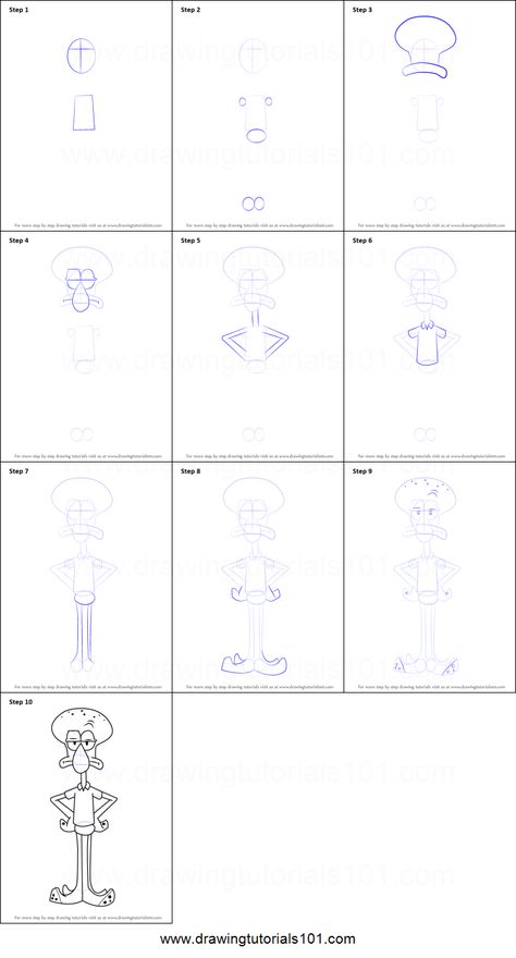 How to Draw Squidward from SpongeBob SquarePants printable step by step drawing sheet : DrawingTutorials101.com How To Draw Squidward, Spongebob Drawings Easy Step By Step, How To Draw Spongebob Step By Step, Spongebob Drawings Easy, Draw Squidward, How To Draw Spongebob, Disney Drawing Tutorial, Rick And Morty Drawing, ليلو وستيتش