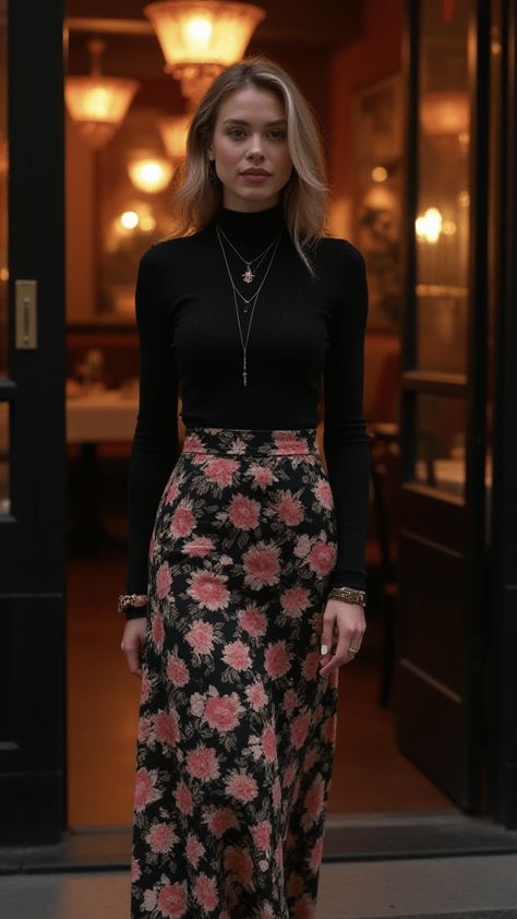 Woman in turtleneck bodysuit and maxi skirt for winter dinner Outfits With Polka Dot Skirts, New Year’s Day Casual Outfit, Floral Business Outfit, Wrap Outfits For Women, Parisian New Year's Eve Outfit, Anniversary Look Women, Winter Floral Outfit, 40s Night Out Outfit, Winter Festive Outfit