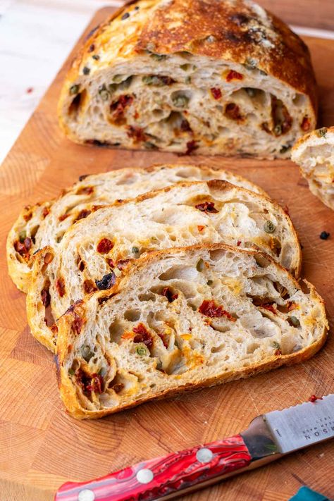 Sun-Dried Tomato Sourdough Bread with Capers – Sourdough Brandon Different Flavor Sourdough Bread, Pesto Parmesan Sourdough, Artichoke Sourdough Bread, Mediterranean Sourdough Bread, Sundried Tomato Bread Recipes, Mother’s Day Sourdough, Basil Sourdough Bread, Sun Dried Tomato Sourdough Bread, Sourdough Oat Bread