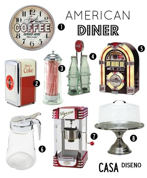 Last week we had fun looking at American diners with a 1950’s feel (see “Editor’s Journal: The Allure of Old-Fashioned Diners“). After viewing many inspiring photos we wanted to take things one step further by recreating the classic diner sentiment in our own kitchens – and in thinking about such a retro design we knew … 1950 American Diner, American Diner Kitchen, 1950 Diner, 50s Diner Kitchen, 50s Decor, Diner Kitchen, Diner Aesthetic, 1950s Diner, 50s Kitchen