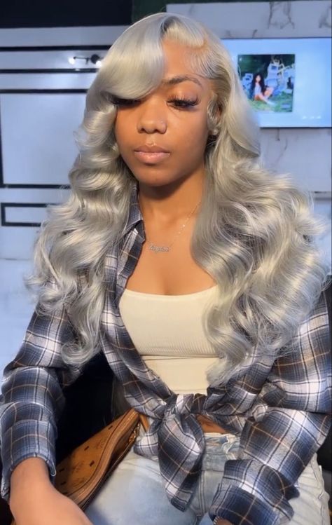 Grey Side Part Wig, Storm Hair Color On Black Women, Silver Hair Outfit Ideas, Grey Hair Inspiration Black Women, Gray Lace Front Wigs Black Women, Storm Hair Color, Grey Frontal Wig, Gray Lace Front Wigs, Storm Hair