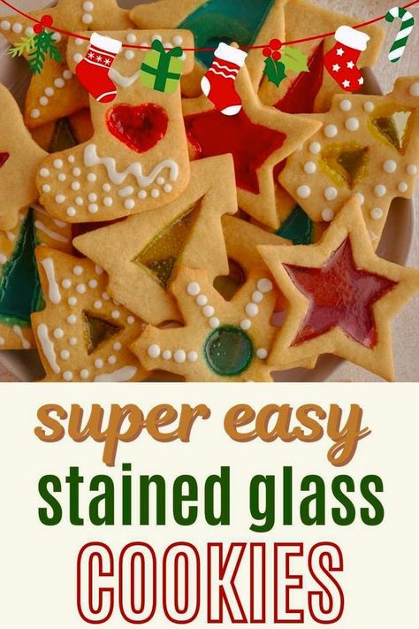 Stained Glass Window Cookies are both stunning and simple: the perfect combination. A super-forgiving sugar cookie dough with a kiss of molasses is baked with centers of crushed candies and decorated with icing for a fun, festive and straightforward cookie recipe you'll want to bake year after year. Use any cookie cutter you want! You could even use different colors of crushed candies for a marbled look. Stained Glass Sugar Cookies Christmas, Stained Glass Cookies Jolly Rancher, Sugar Cookie Kiss Cookies, Stained Glass Cookies Christmas, Glass Window Cookies, Window Cookies, Glass Cookies, Easy Icing, Stained Glass Cookies