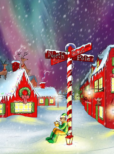 Santa North Pole Illustration, Santas Workshop Drawings, Asb Classroom, North Pole Drawing, Santa Work Shop, Christmas Cartoon Drawings, Santa's Workshop Illustration, Winter Mural, Christmas Mural